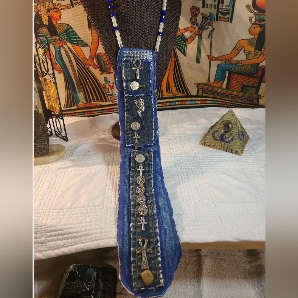 Blue Jean Denim Fabric Queen Nefertiti Necktie Beaded Necklace